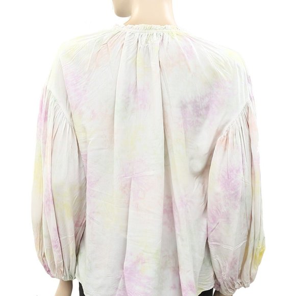 Saylor Tie & Dye Peasant Blouse Top Billowy Sleeves Ruffle Tesseled S - Picture 6 of 6